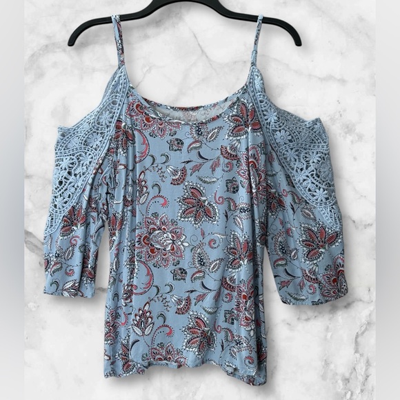 Xhilaration Cold Shoulder Boho Top Lace Crochet Bell 3/4 Sleeve Blue Size L - Picture 4 of 11
